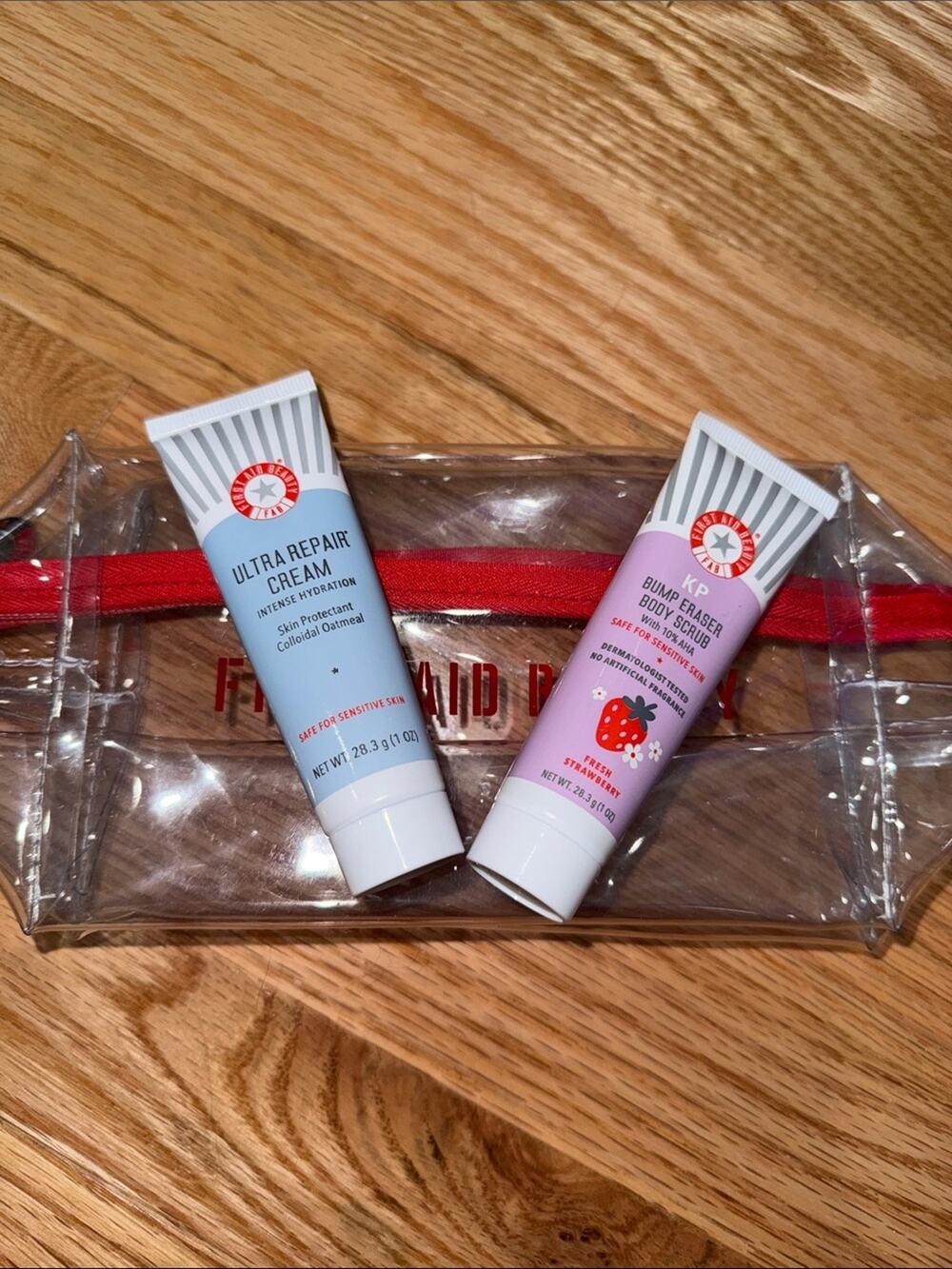 First aid beauty 3 pc skincare set exfoliator and body cream with bag sealed
